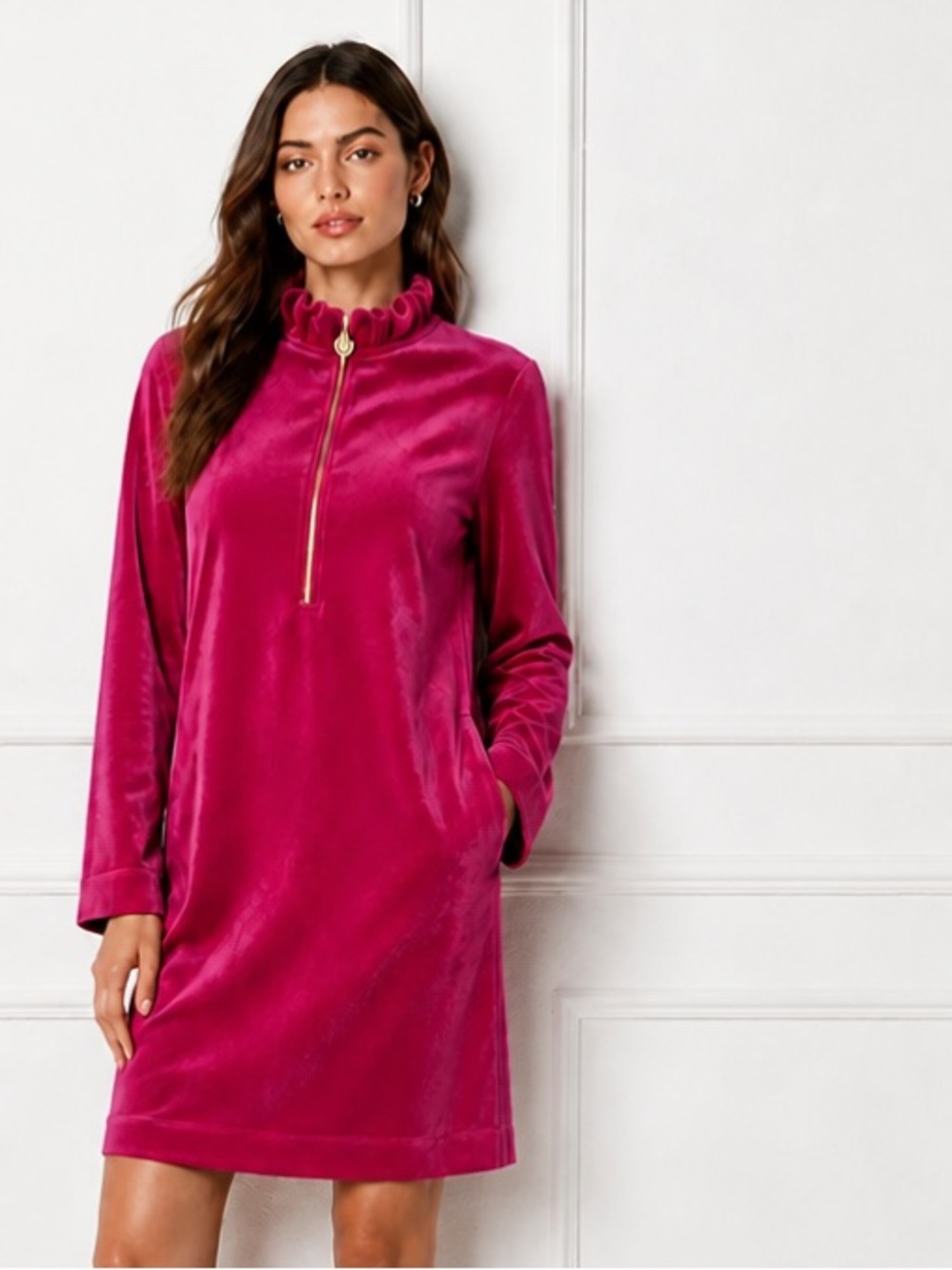 LILLY PULITZER Skipper Dress Velvet Shift Bordeau Berry Pink Zip Pockets Medium